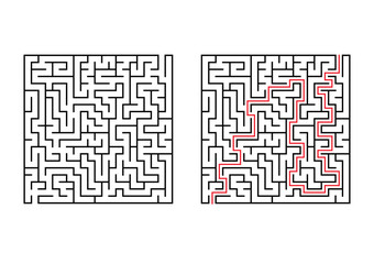 Abstract square maze. Simple flat vector illustration isolated on white background. With the answer.