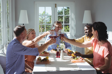 Group of friends toasting glasses of red wine