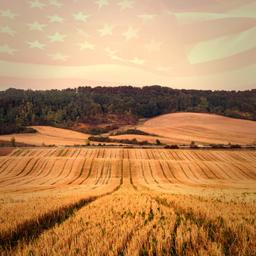 Digitally generated american flag rippling against rural fields against trees and sky
