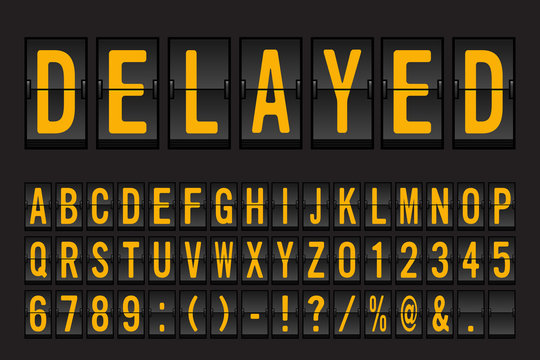 Airport Mechanical Flip Board Panel Font - Yellow Font on Dark Background Vector Illustration
