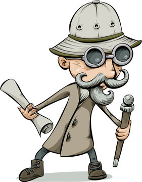 A cartoon of a fashionable, retro-styled explorer wearing glasses and a hat and holding a scrolled map and cane.