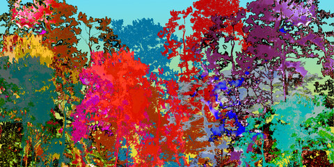 Digital painting texture  colorful of  big tree in  deep forest