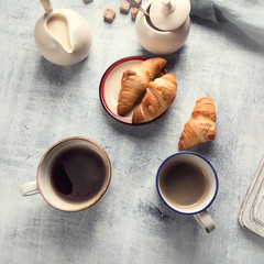Breakfast with cup of coffee and croissants