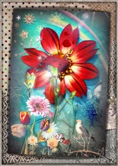 Foto op Canvas Surrealistische patchwork collage met tropische bloemen, anjers, regenbogen, sterren en sneeuwvlokken © Rosario Rizzo
