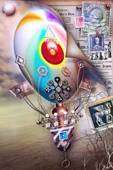 Gordijnen Ouderwetse ansichtkaart met steampunk luchtballon © Rosario Rizzo