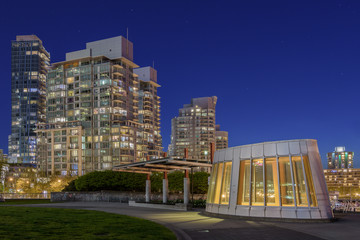 Coal Harbour at night above the community centre, in downtown Vancouver, British Columbia.