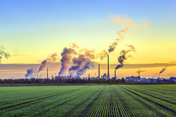 industry complex in Frankfurt in early morning with green fields