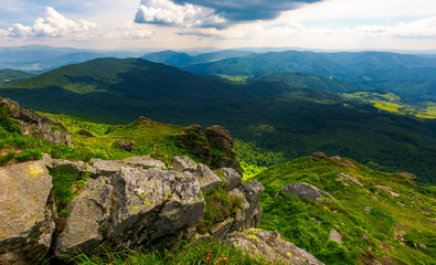 Fototapeta na wymiar path to a tiger face cliff above the valley. spectacular landscape of Carpathian mountains in summertime. location Pikui mountain, Ukraine