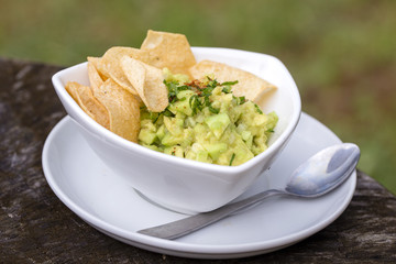 Avocado guacamole with tortilla chips in a white bowl,