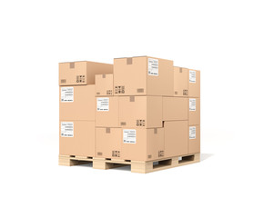 Stack of brown cardboard boxes mock-up on pallet isolated on white background. 3D rendering image.