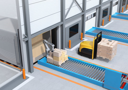 Autonomous forklift carrying pallet of goods in modern logistics center. 3D rendering image.