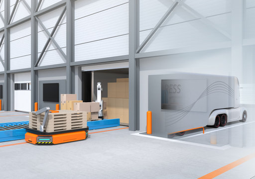 Industrial robot unloading parcels from semi truck, Automatic Guided Vehicle carrying set of pallets to the robot position. 3D rendering image.