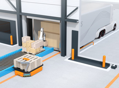 Industrial robot unloading parcels from semi truck, Automatic Guided Vehicle carrying set of pallets to the robot position. Cutaway view. 3D rendering image.