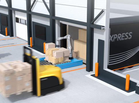 Industrial robot unloading parcels from semi truck, self-driving forklift carrying pallet of parcels in modern logistics center. Cutaway view. 3D rendering image.