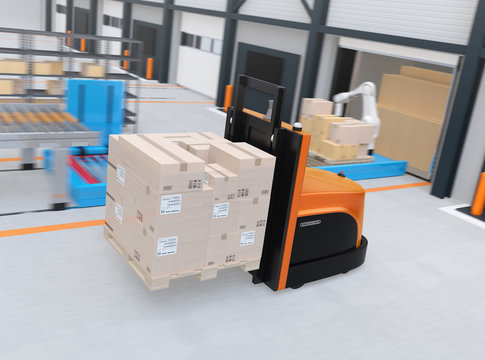 Autonomous forklift carrying pallet of goods in modern logistics center. 3D rendering image.