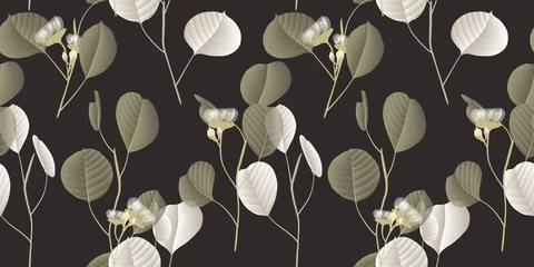 Selbstklebende Fototapeten Seamless pattern, vintage brown and white silver dollar eucalyptus leaves with flowers on dark gray background © momosama