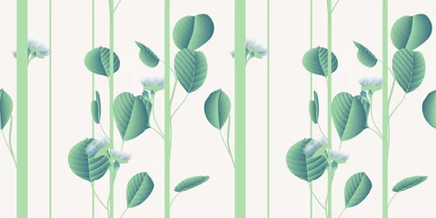 Muurstickers Seamless pattern, vintage green silver dollar eucalyptus leaves with flowers on light gray background © momosama