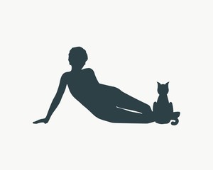 The woman sitting with cat. Simple silhouettes