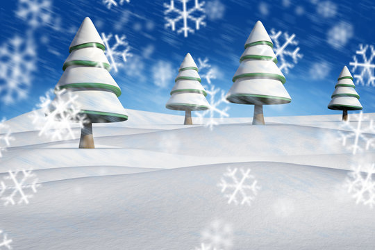 Composite image of fir trees in snowy landscape with snow falling