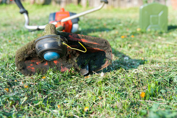 Gasoline trimmer close up shot on cutted grass, gasoline canister in the blurry background.