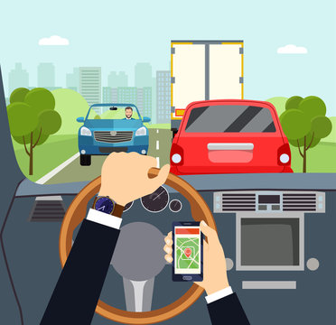 City traffic jam. Man hands of a driver on steering wheel of a car. Vector flat illustration