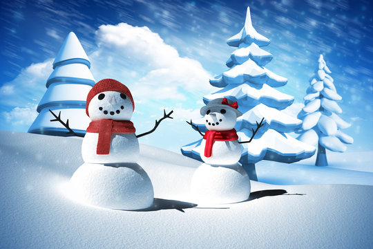 Composite image of snow man family against bright blue sky with clouds