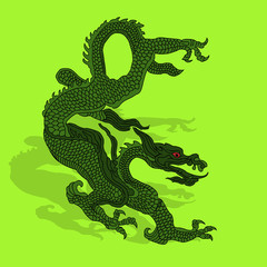 Green dragon with shadow, cartoon on light green background,