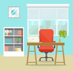 Office workplace with retro table. Office workplace with table, bookcase, window. Vector flat illustration