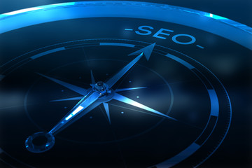 Compass pointing to SEO against purple vignette