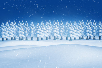 Fototapeta na wymiar Composite image of fir trees in snowy landscape with snow falling