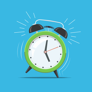 Cartoon green ringing clock alarm. Concept for wake up times or reminder. Vector illustration in flat style.
