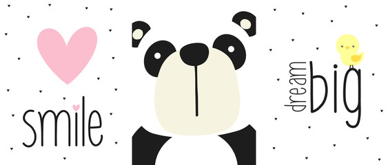 Obraz premium cute panda bear face with quotes and design elements. design for baby and children. can be used for baby room wall art, nursery decoration or invitations