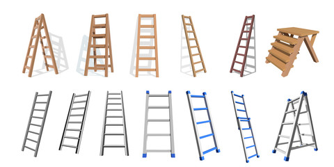 Set of wooden and metall stairs. Wooden, metall  staircase on a white background. Vector ladders illustration