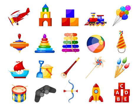 Color image group of icons of children's toys on a white background. Set of Isolated objects. Vector illustration