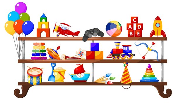 Color image group of icons of children's toys on a wooden shelf . Set of Isolated objects. Vector illustration