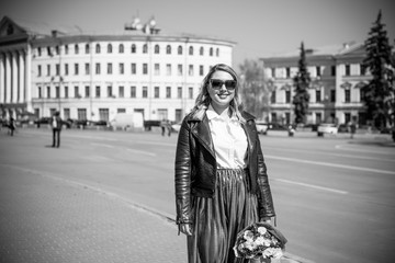 Fototapeta premium Woman of plus size figure walk at the bazaar, old part city street, Europe vacation 