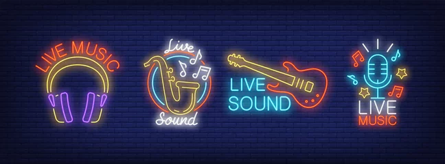 Poster Live sound music neon signs collection. Neon sign, night bright advertisement, colorful signboard, light banner. Vector illustration in neon style. © RedlineVector