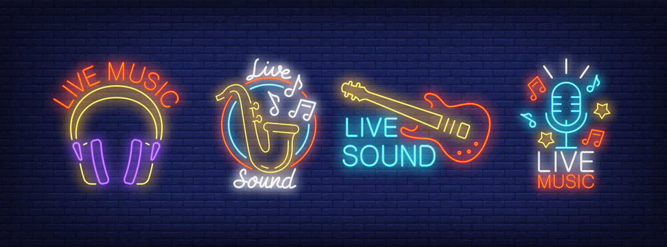 Live sound music neon signs collection. Neon sign, night bright advertisement, colorful signboard, light banner. Vector illustration in neon style.