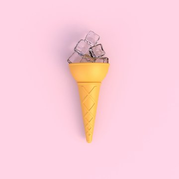 Ice cubes in ice cream cone abstract minimal pink background, Food concept, 3d rendering