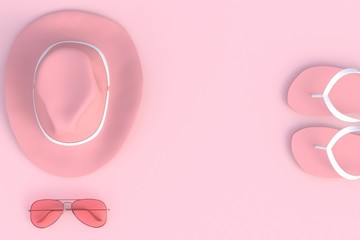 Beach accessories on pink plank, Summer vacation concept, 3D rendering