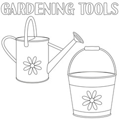 Line art black and white garden watering set.