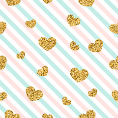 Gold heart seamless pattern. Pink-blue-white geometric stripes, golden confetti-hearts. Symbol of love, Valentine day holiday. Design wallpaper, background, fabric texture. Vector illustration