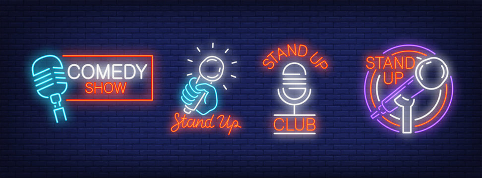 Stand up comedy show neon signs collection. Neon sign, night bright advertisement, colorful signboard, light banner. Vector illustration in neon style.