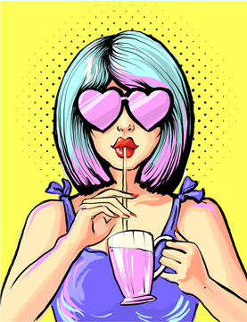 Pop art woman drinking cocktail in heart shape glasses