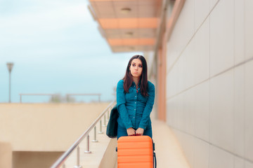 Unhappy Tired Woman At Airport Station with Suitcase