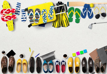 Summer holidays, office shoes colored flip flops, travel