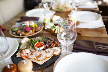 Festively served table at restaurant for a banquet.