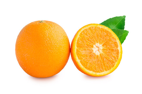 fresh orange isolated on white with green leaves