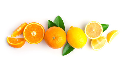 fresh orange and lemon on white in top view
