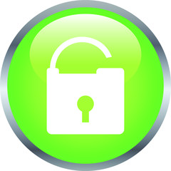 Green Shiny round button with opened padlock mark